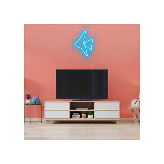 An eye-catching custom neon sign, 'Angelfish Neon Sign', hangs above a television set