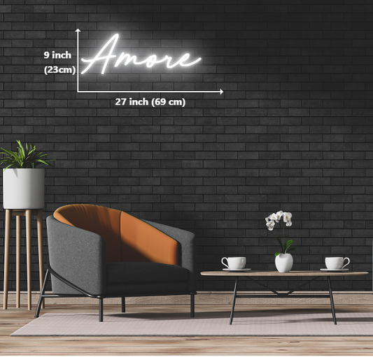 A mesmerizing neon sign on a brick wall, spelling out 'amore', radiating a passionate and enchanting aura.
